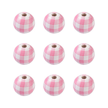 Natural Wooden Beads, Plaid Beads, Tartan Pattern, Round, Pink, 5/8 inch(16mm), Hole: 4mm