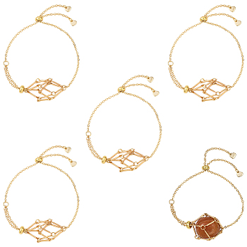 5Pcs Adjustable Braided Brass Macrame Pouch Cable Chain Slider Bracelet Making, with 201 Stainless Steel Heart, Real 18K Gold Plated, Inner Diameter: 2-7/8 inch(7.3cm), pouch: 19.5x20mm