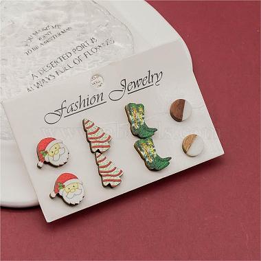 4 Pairs Santa Claus & Boot & Christmas Tree Printed Wood Stud Earrings(EJEW-OY001-03)-5