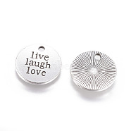 Tibetan Style Alloy Flat Round Carved Word Live Laugh Love Message Pendants, Cadmium Free & Nickel Free & Lead Free, Antique Silver, 20x2mm, Hole: 2mm, about 285pcs/1000g(TIBEP-12582-AS-NR)