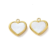 304 Stainless Steel with Synthetic Shell Charms, Heart Charms, Golden, 11x11x3mm, Hole: 1.4mm(STAS-G338-06G)