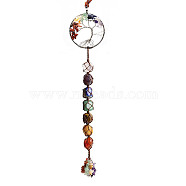 Chakra Theme Big Pendant Decorations, Hand Knitting with Natural Gemstone Beads and Stone Chips Tassel, Flat Round with Tree of Life, Silver Color Plated, 35cm(HJEW-PW0001-004B-S)