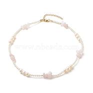Natural Rose Quartz Chip Beaded Necklace for Girl Women, Vintage Shell Pearl Beads Necklace, Golden, 15.98 inch(40.6cm)(NJEW-TA00016-02)