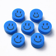 Handmade Polymer Clay Beads, for DIY Jewelry Crafts Supplies, Flat Round with Smiling Face, Steel Blue, 9x4~5mm, Hole: 1.6mm(CLAY-N008-031A)