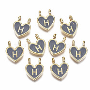 Alloy Enamel Charms, Cadmium Free & Lead Free, Heart with Initial Letters, Light Gold, Dark Gray, Letter.H, 14.5x11.5x4.5mm, Hole: 2mm(ENAM-T012-02H-RS)