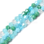 Electroplate Glass Beads Strands, Opaque & Transparent & AB Color Plated, Faceted, Bicone, Dark Turquoise, 4x4.5mm, Hole: 0.9mm, about 94~95pcs/strand, 13.86''(35.2cm)(EGLA-D018-02F)