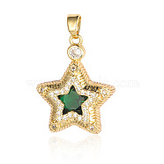 Brass Micro Pave Green Cubic Zirconia Pendants, Star Charms, Real 18K Gold Plated, 24x19x6mm(ZIRC-OY001-15G)