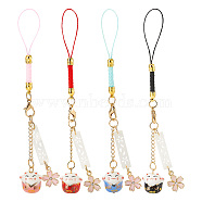 4Pcs 4 Colors Japanese Style Porcelain Lucky Cat & Sakura Alloy Enamel Mobile Straps, Polyester Cord Mobile Accessories Decoration, Mixed Color, 14.5cm, 1pc/color(HJEW-GO0001-09)