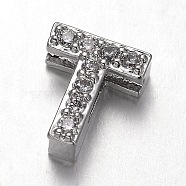 Platinum Plated Brass Micro Pave Cubic Zirconia Letter Slide Charms, Letter.T, 9x8x4.5mm, Hole: 4.5x1.5mm(ZIRC-E015-04T)