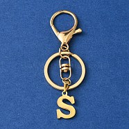 304 Stainless Steel Initial Letter Charm Keychains, with Alloy Clasp, Golden, Letter S, 8.5cm(KEYC-YW00005-19)