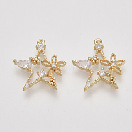 Brass Micro Pave Cubic Zirconia Pendants, Star with Flower, Clear, Nickel Free, Real 18K Gold Plated, 18x16x2.5mm, Hole: 0.9mm(ZIRC-S064-008)