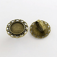 Adjustable Iron Flower Finger Ring Components Alloy Cabochon Bezel Settings, Lead Free & Cadmium Free & Nickel Free, Antique Bronze, 17x5mm, Flat Round Tray: 20mm(X-PALLOY-Q300-18AB-NR)