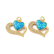 Valentine's Day Brass Micro Pave Cubic Zirconia with Synthetic Opal Pendants, with Jump Ring, Flat Round, Real 18K Gold Plated, 15x19x3.5mm(KK-D096-02A-G)