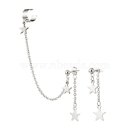 304 Stainless Steel Star Asymmetrical Earrings, Stud Earrings with Dangle Chain Ear Cuff Crawler Climber for Women, Stainless Steel Color, 38~110mm, Pin: 0.8mm, 2Pcs/set(EJEW-JE04889-02)