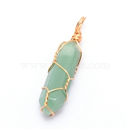 Natural Green Aventurine Pendants, with Golden Steel Wire, Hexagon Prism, 43x11x11mm, Hole: 5mm(G-CJC0001-02G-06)