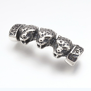 304 Stainless Steel Slide Charms, Leapord Head, Antique Silver, 47x15.5x9mm, Hole: 7x12mm(STAS-F133-74AS)
