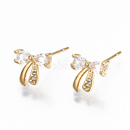 Brass Stud Earrings, with Clear Cubic Zirconia, Nickel Free, Bowknot, Real 18K Gold Plated, 8.5x9mm, Pin: 0.7mm(KK-T062-43G-NF)