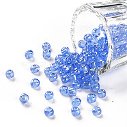 Glass Seed Beads, Trans. Colours Lustered, Round, Cornflower Blue, 4mm, Hole: 1.5mm, about 1000pcs/100g(X1-SEED-A006-4mm-106)