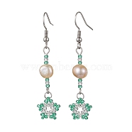 Natural Pearl Dangle Earrings, TOHO Seed Beaded Star Long Drop Earrings with 304 Stainless Steel Pins, Medium Sea Green, 54x12mm(EJEW-MZ00120-05)