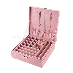 Velvet & Wood Jewelry Boxes, Portable Jewelry Storage Case, with Alloy Lock, for Ring Earrings Necklace, Rectangle, Pink, 26.4x26.6x8.3cm(VBOX-I001-03B)