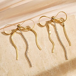 304 Stainless Steel Pave Cubic Zirconia Tassel Stud Earrings for Women, Bowknot, Golden, 80x47mm(EJEW-Z065-10G)