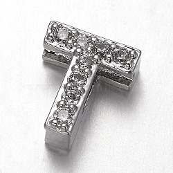 Platinum Plated Brass Micro Pave Cubic Zirconia Letter Slide Charms, Letter.T, 9x8x4.5mm, Hole: 4.5x1.5mm(ZIRC-E015-04T)