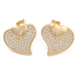 Brass Pave Cubic Zirconia Stud Earrings, Heart, Golden, Heart, 19x20mm(EJEW-U005-08G)