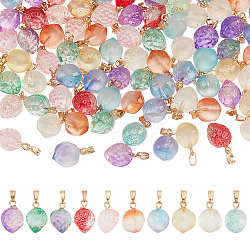 PandaHall Elite 100Pcs 10 Style Two Tone Transparent Spray Painted Glass Pendants, with Golden Plated Iron Bails and Gold Foil, Strawberry & Peach Charms, Mixed Color, 16~18x11~12x10~12mm, Hole: 6x2mm, 10Pcs/style(GLAA-PH0002-72)