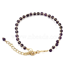 Adjustable Natural Amethyst Beaded Bracelet with Lobster Claw Clasp, Brass Wire Wrapped Jewelry for Women, 7-7/8~9-7/8 inch(20~25cm)(PW-WG23015-03)