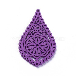 Wood Filigree Joiners Links, Teardrop with Flower, Dyed, Indigo, 55.5x32.5x1.5mm, Hole: 1.2~1.4mm(X-WOOD-P014-H04)