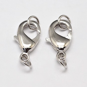 Rack Plating and Vacuum Plating Brass Lobster Claw Clasps for Jewelry Necklace Bracelet Making, with Two Jump Rings, Cadmium Free & Lead Free, Platinum, 12x7x3mm, Hole: 3mm
