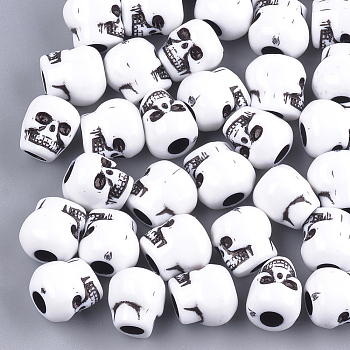 Craft Style Acrylic Beads, Skull, White, 10x9x10mm, Hole: 3.5~4mm