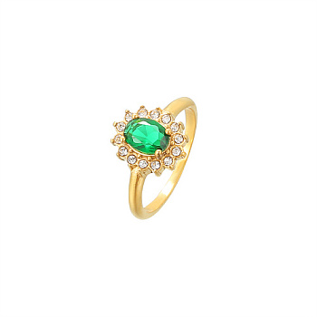 Cubic Zirconia Oval Finger Ring, Golden Stainless Steel Finger Ring, Green, US Size 7(17.3mm)