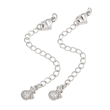 Brass Curb Chain Extender, End Chains with Lobster Claw Clasps and Cubic Zirconia Charms, Money Bag, Platinum, 79mm, Hole: 2.4mm