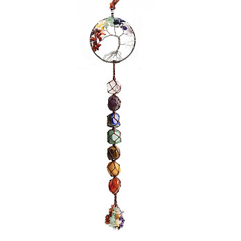 Chakra Theme Big Pendant Decorations, Hand Knitting with Natural Gemstone Beads and Stone Chips Tassel, Flat Round with Tree of Life, Silver Color Plated, 35cm