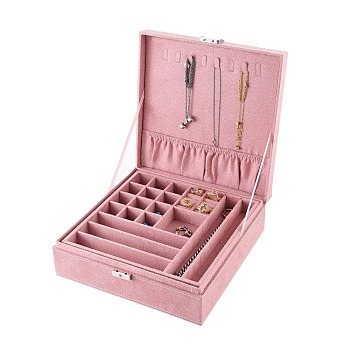 Velvet & Wood Jewelry Boxes, Portable Jewelry Storage Case, with Alloy Lock, for Ring Earrings Necklace, Rectangle, Pink, 26.4x26.6x8.3cm