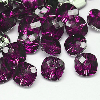 Taiwan Acrylic Rhinestone Buttons, Faceted, 1-Hole, Square, Purple, 28x28x11mm, Hole: 2mm