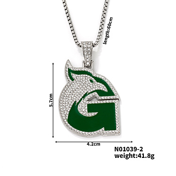 Hip-hop Style Alloy Crystal Rhinestone Eagle Animal Alphabet G Pendant Necklaces, Platinum, 23.62 inch(60cm)