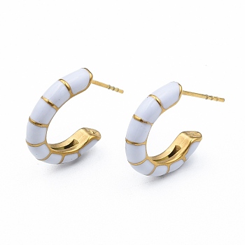 Enamel C-shape Stud Earrings, Gold Plated 304 Stainless Steel Half Hoop Earrings for Women, with Ear Nuts, White, 18x16x3.5mm, Pin: 0.8mm