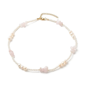 Natural Rose Quartz Chip Beaded Necklace for Girl Women, Vintage Shell Pearl Beads Necklace, Golden, 15.98 inch(40.6cm)