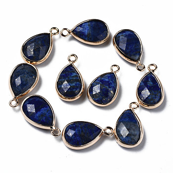 Natural Lapis Lazuli Pendants, Faceted, with Golden Plated Brass Edge and Loop, Teardrop, 16.5x9x4.5mm, Hole: 1.6mm
