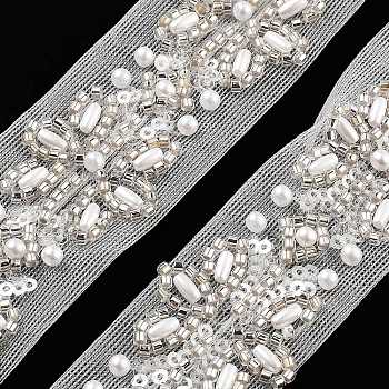 Polyester Flower Lace Trims, with ABS Imitation Pearl Beads and Glass, Floral White, 1-1/8 inch(29mm)