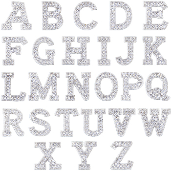 Alphabet Resin Rhinestone Patches, Letter A~Z Iron/Sew on Appliques, Costume Accessories, for Clothes, Bag Pants, Silver, 43.5~50x20~51x3mm, 26pcs/set, 1 set/box