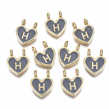 Alloy Enamel Charms, Cadmium Free & Lead Free, Heart with Initial Letters, Light Gold, Dark Gray, Letter.H, 14.5x11.5x4.5mm, Hole: 2mm