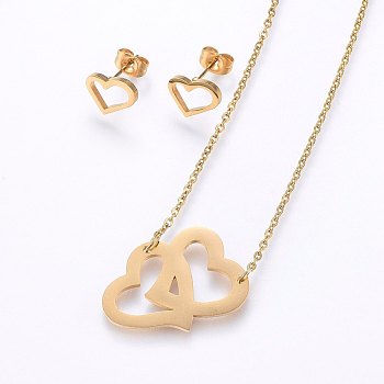 304 Stainless Steel Jewelry Sets, Stud Earrings and Pendant Necklaces, Heart, Golden, Necklace: 18.9 inch(48cm), Stud Earrings: 8x10x1.2mm, Pin: 0.8mm