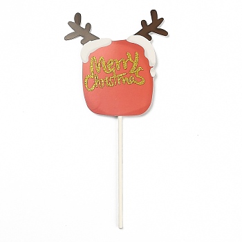 Paper Deer Head Cake Insert Card Decoration, with Bamboo Stick, for Christmas Cake Decoration, Red, 200mm