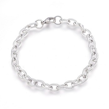 304 Stainless Steel Cable Chain Bracelets, Textured, with Lobster Claw Clasps, Stainless Steel Color, 8-3/8 inch(21.4cm), 6.5mm