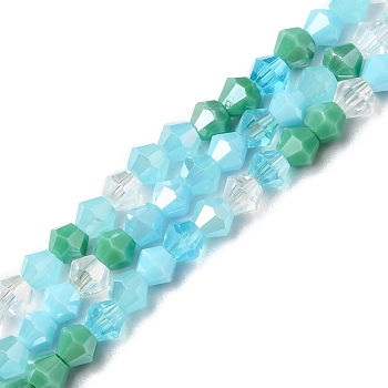 Electroplate Glass Beads Strands, Opaque & Transparent & AB Color Plated, Faceted, Bicone, Dark Turquoise, 4x4.5mm, Hole: 0.9mm, about 94~95pcs/strand, 13.86''(35.2cm)