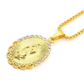 Oval with Virgin Mary Cubic Zirconia Pendant Necklaces with Zinc Alloy Box Chains, Golden, 23.70 inch(60.2cm)