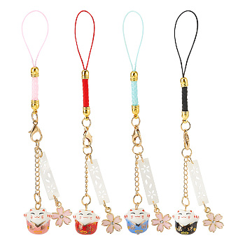 4Pcs 4 Colors Japanese Style Porcelain Lucky Cat & Sakura Alloy Enamel Mobile Straps, Polyester Cord Mobile Accessories Decoration, Mixed Color, 14.5cm, 1pc/color